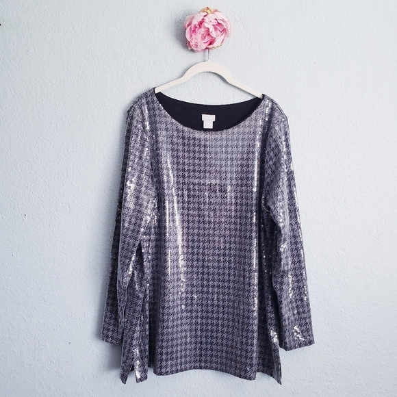 Chicos Houndstooth Sequin Long Sleeve Tunic - Picture 2 of 9